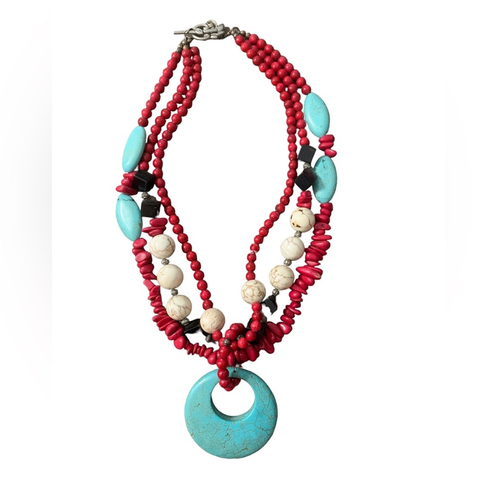 4 Layer Necklace with Turquoise & Coral